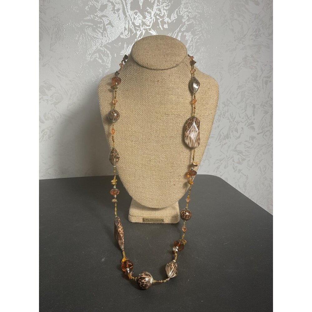 Long Leopard Print & Amber Beaded Necklace With Lobster Clasp